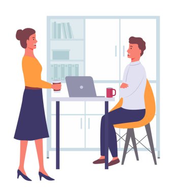 Resmi kıyafetler giymiş iş adamları dizüstü bilgisayarlarıyla masada oturuyor, konuşuyor, kahve içiyorlar.