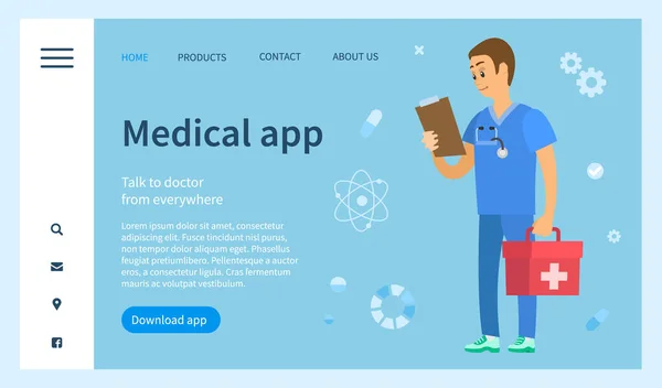 Medizinische App zur Kommunikation mit einem Arzt von überall. Notarzt untersucht Patientenkarte — Stockvektor