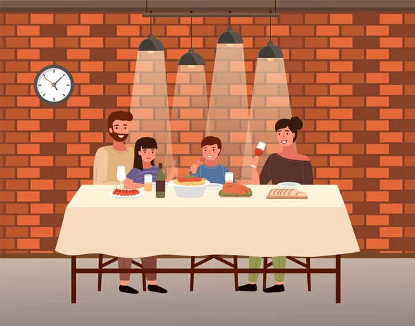 İnsanlar restoranda İtalyan yemeği yiyorlar. Aile yemek yiyor ve iletişim kuruyor. — Stok Vektör