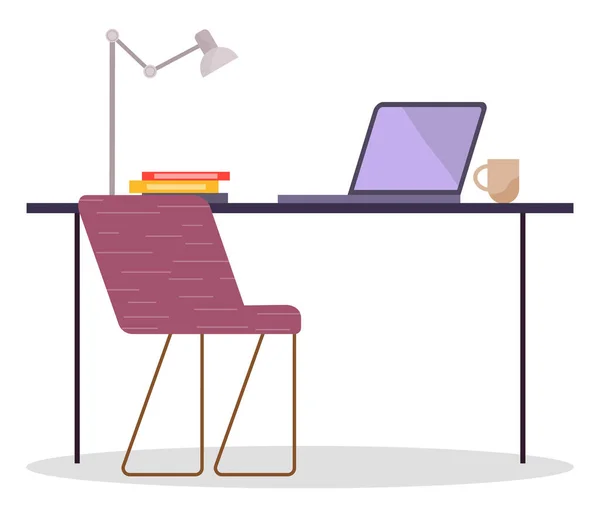 Lieu de travail au bureau. Cabinet avec espace de travail avec table, fauteuil confortable et ordinateur — Image vectorielle