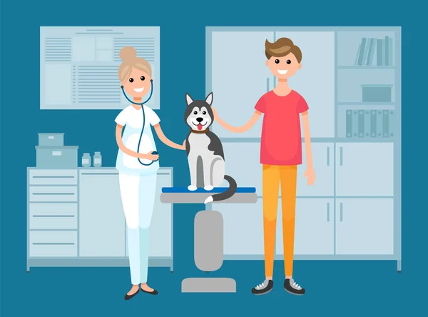 Tierarzt hält Husky auf Untersuchungstisch herein. Tierarzt mit Phonendoskop arbeitet mit Hund — Stockvektor