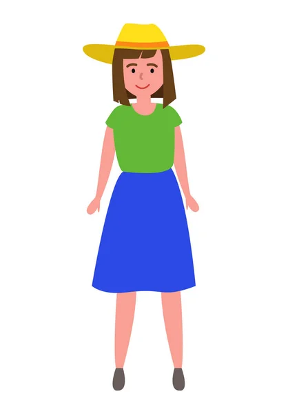 Chica en sombrero de pie y sonriente ilustración vectorial. Carácter femenino aislado sobre fondo blanco — Vector de stock