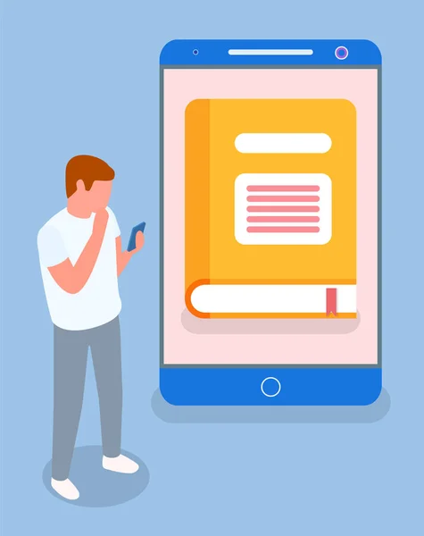 Muž s chytrým telefonem. Obrázek knihy na velké digitální obrazovce. Plochý vektorový obraz izolovaný na modré — Stockový vektor