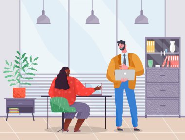 Ofisteki iş ortakları, kadın ve erkek dizüstü bilgisayar kullanır. Patron ve astı. Düz resim