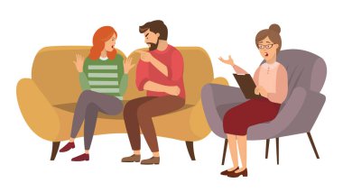 Aile psikoterapisi. Erkek ve kadın ve psikolog ya da psikolog arasındaki konuşma