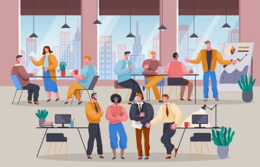 Takım çalışması konsepti, ofiste çalışan iş adamları, iş toplantısı, konferans, konuşan işçiler.