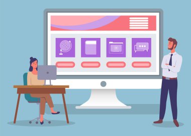 Eğitim, tanıtım simgelerine sahip bilgisayar ekranı, ofis çalışanlarının gelişimi, web sitesi oluşturulması