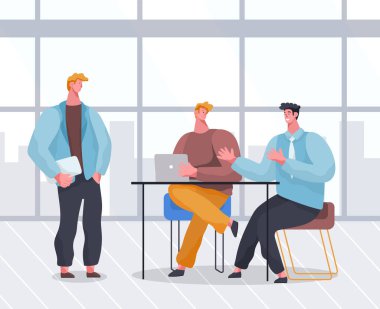 İş adamları büro masasında oturmuş beyin fırtınası yapıyorlar, iş yerinde panoramik pencereli toplantılar yapıyorlar.