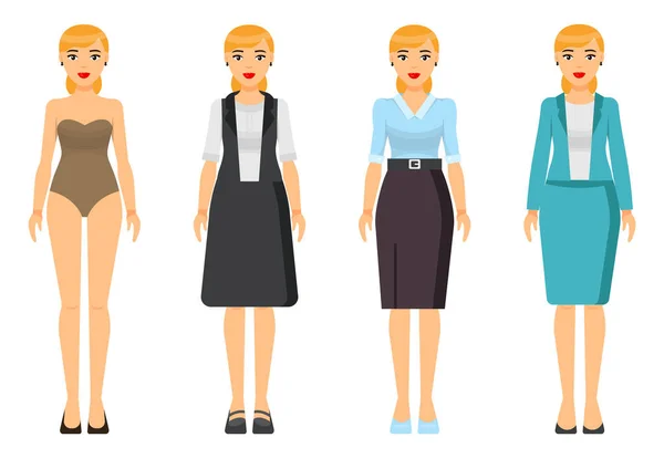 Dresscode of businesswoman or businesslady, sada oblečení, žena ve spodním prádle, kancelářský styl — Stockový vektor