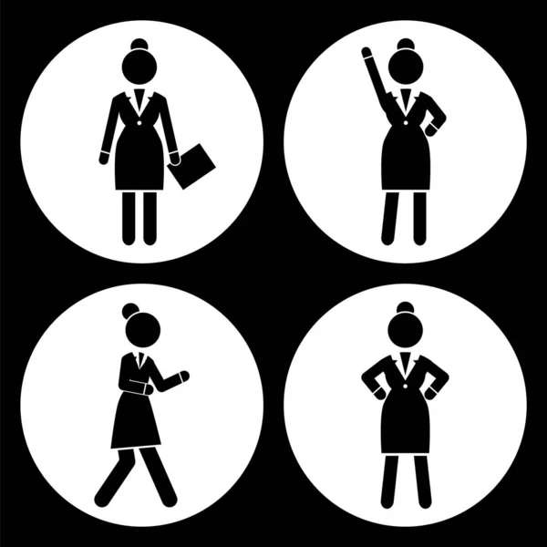 Conjunto de mulher de negócios silhuetas pretas ícones em quadros redondos. Mulheres em acção. Empresária — Vetor de Stock
