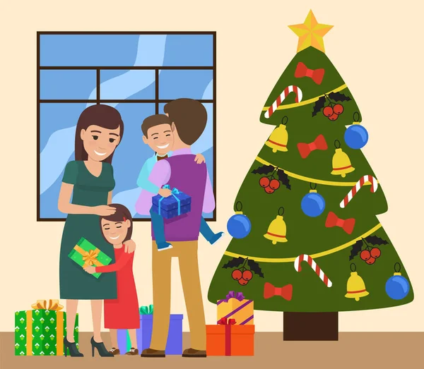 快乐的家庭靠近新年树。圣诞快乐，新年快乐，寒假 — 图库矢量图片#