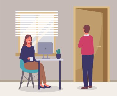 İş ilişkilerinin değerlendirilmesi için ofis toplantısı. Kadın ofis çalışanı patronla proje tartışıyor.