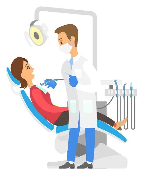 Dentist with equipment examining teeth. Patient lying in dental chair. People on white background — Stock Vector