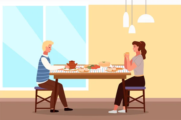 Οι άνθρωποι στο μεσημεριανό γεύμα σε ρωσικό στυλ. Ζευγάρι σε ένα ραντεβού σε ένα εστιατόριο θέμα τρώει τηγανίτες και μπορς — Διανυσματικό Αρχείο
