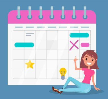 Büyük takvimin yanında oturan güzel kız, planlama etkinlikleri, toplantılar, organizatör ya da organizatör