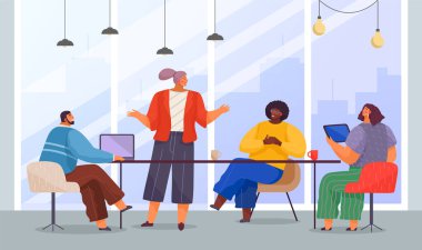 İş toplantısı, çalışma süreci. Kadın yönetici patronla yeni bir kontrat hakkında konuşuyor.