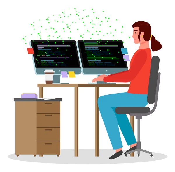 A young woman sitting at a table writing code on the computer. Programmer laptop screen with script — Stock Vector