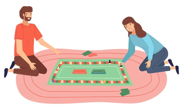 Spela spel med kort, spela marker, monopol spel koncept, kvinna och man tillbringar intressant tid — Stock vektor