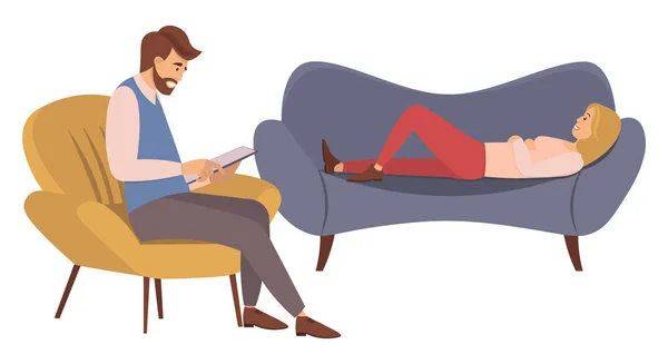 Στην υποδοχή ενός ψυχοθεραπευτή. Μια γυναίκα είναι ξαπλωμένη σε έναν καναπέ σε ένα γραφείο ψυχολόγου.. — Διανυσματικό Αρχείο