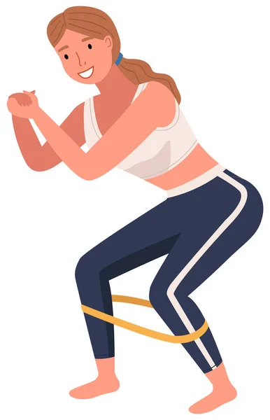 Jonge vrouw uit te werken doen oefeningen thuis hurken met een elastiekje in een gezond dagelijks leven — Stockvector