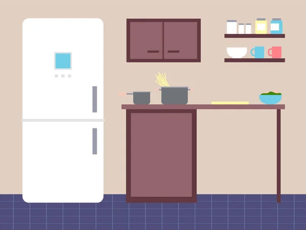 Cozinha com mobiliário. Interior da cozinha acolhedor com mesa, fogão, armário, pratos e geladeira — Vetor de Stock