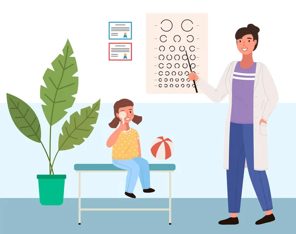 Kvinnan kollar barnets syn. Tabell för undersökning av synskärpan på oftalmologmottagningen — Stock vektor