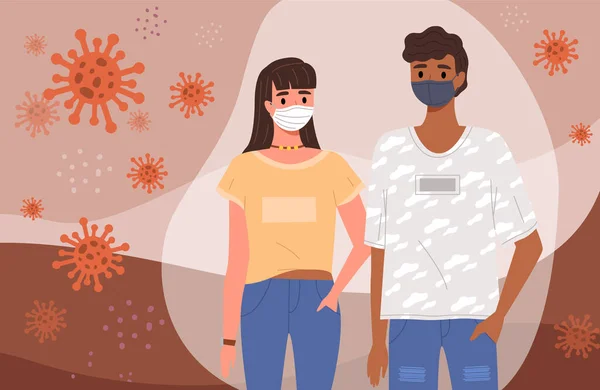 Kilka osób nosi maski medyczne. Postacie z kreskówek na tle wirusa i bakterii — Wektor stockowy