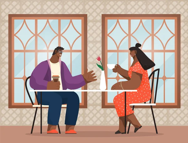 Ευτυχισμένο ζευγάρι στο εστιατόριο μαζί. Άνδρες και γυναίκες Αφροαμερικανοί χαρακτήρες που πίνουν καφέ — Διανυσματικό Αρχείο
