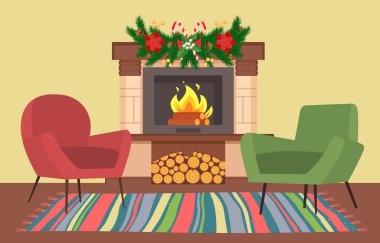 Noel için dekore edilmiş odanın iç tasarımı. Mobilya ve şömine düzenleme