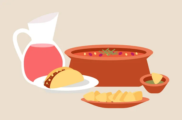 Cuisine mexicaine plats illustration vectorielle. Ensemble de plats traditionnels épicés et tomate pour le Mexique — Image vectorielle