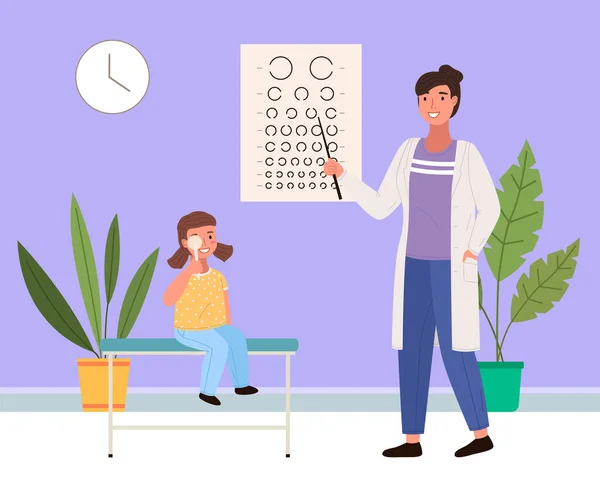 L'optométriste vérifie la vue d'une petite fille. Le patient regarde la table pour un test de vision — Image vectorielle