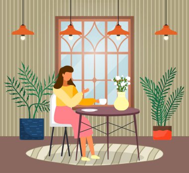 Evde sandalyede oturan genç bir kadın. Düz stil kadın karakter bir masada kahve ve...