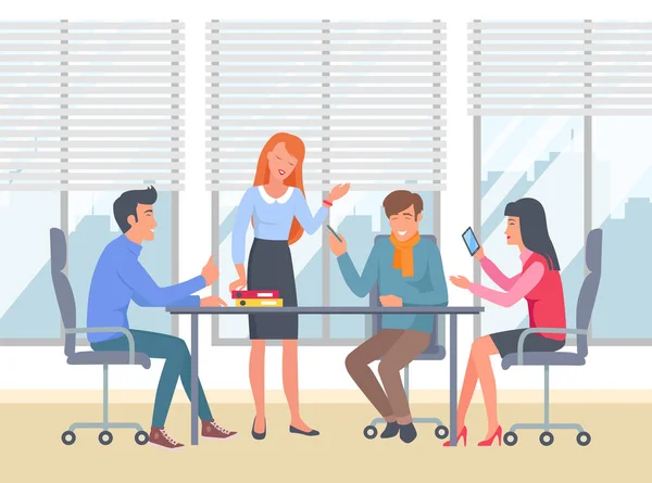 Businesspeople communicating, discuss a project. Business meeting, working process in office room — Stock Vector