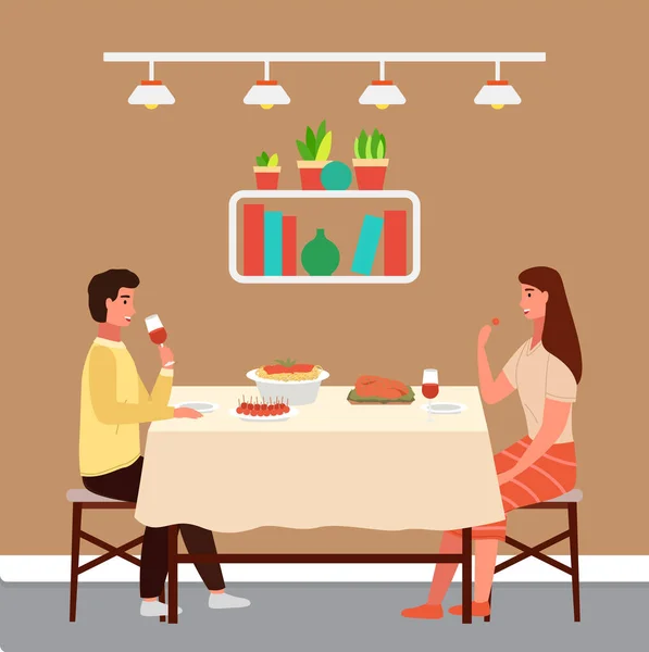 Couple is tasting italian food and drinking wine. Characters have dinner on a date at a cafe — Stock Vector