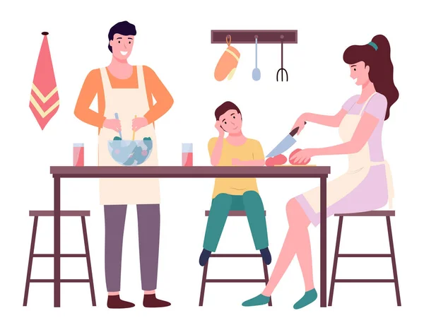 Feliz familia mamá papá e hijo cocinar en la ilustración vectorial cocina. Preapareciendo cena familiar — Vector de stock