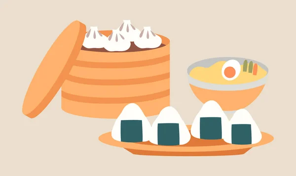 Векторная иллюстрация блюд восточной кухни. Японская пищевая эмблема на белом фоне — стоковый вектор