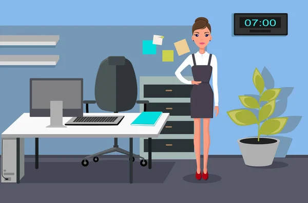 Девушка в формальной одежде рядом с рабочим местом в офисе. Концепция характера деловой женщины за работой — стоковый вектор