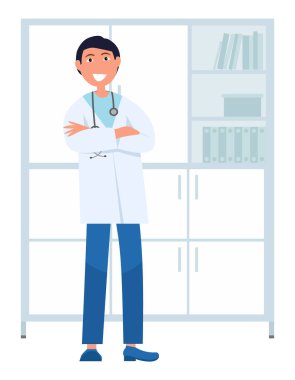 Terapist boynunda steteskopla ayakta duruyor. Doktor hastaları kabul etmeye hazırlanıyor.