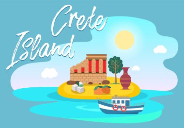 Yunanistan 'ın sembolleri ve davetiye kartında gösteriler. Girit adası suyla çevrili