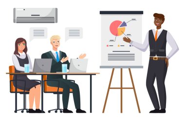 İş adamı istatistiksel bir rapor sunuyor. Analiz ve planlama sektörü