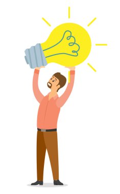 Businessman holding lightbulb balloon concept of get idea. Business creative intention flat vector clipart