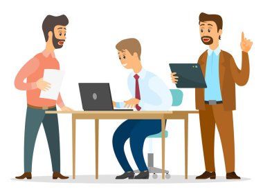 Uyumlu çalışma ekibi yaratıcı fikirler üzerinde çalışıyor. Takım çok çalışıyor, fikirler var. Düz vektör resmi