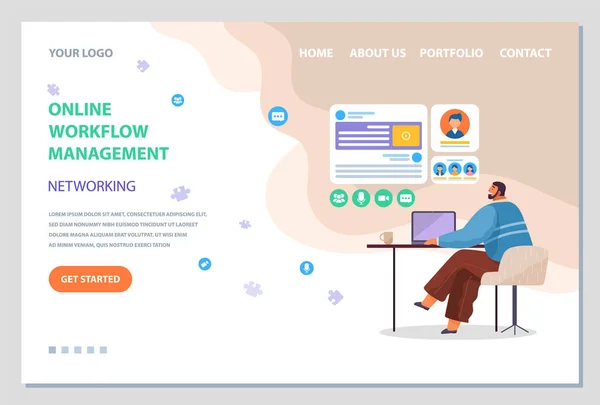 Nätverksarbete, hantering av arbetsflöden online, webbplatsens landningssida, arbetsledare på bärbar dator — Stock vektor