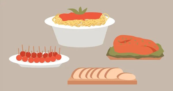 Векторная иллюстрация блюд итальянской кухни. Местная пищевая эмблема. Паста, хлеб и мясо стейк на тарелках — стоковый вектор
