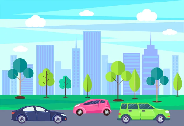 Paisaje urbano con rascacielos y coches de transporte — Vector de stock