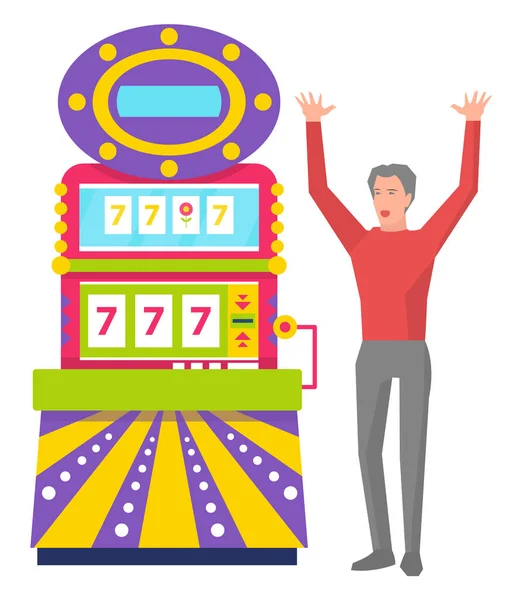 Ganador Hombre, Máquina de juego con 777 iconos Vector — Vector de stock