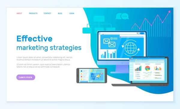 Stratégie marketing efficace landing page avec des applications de services analytiques numériques modernes — Image vectorielle