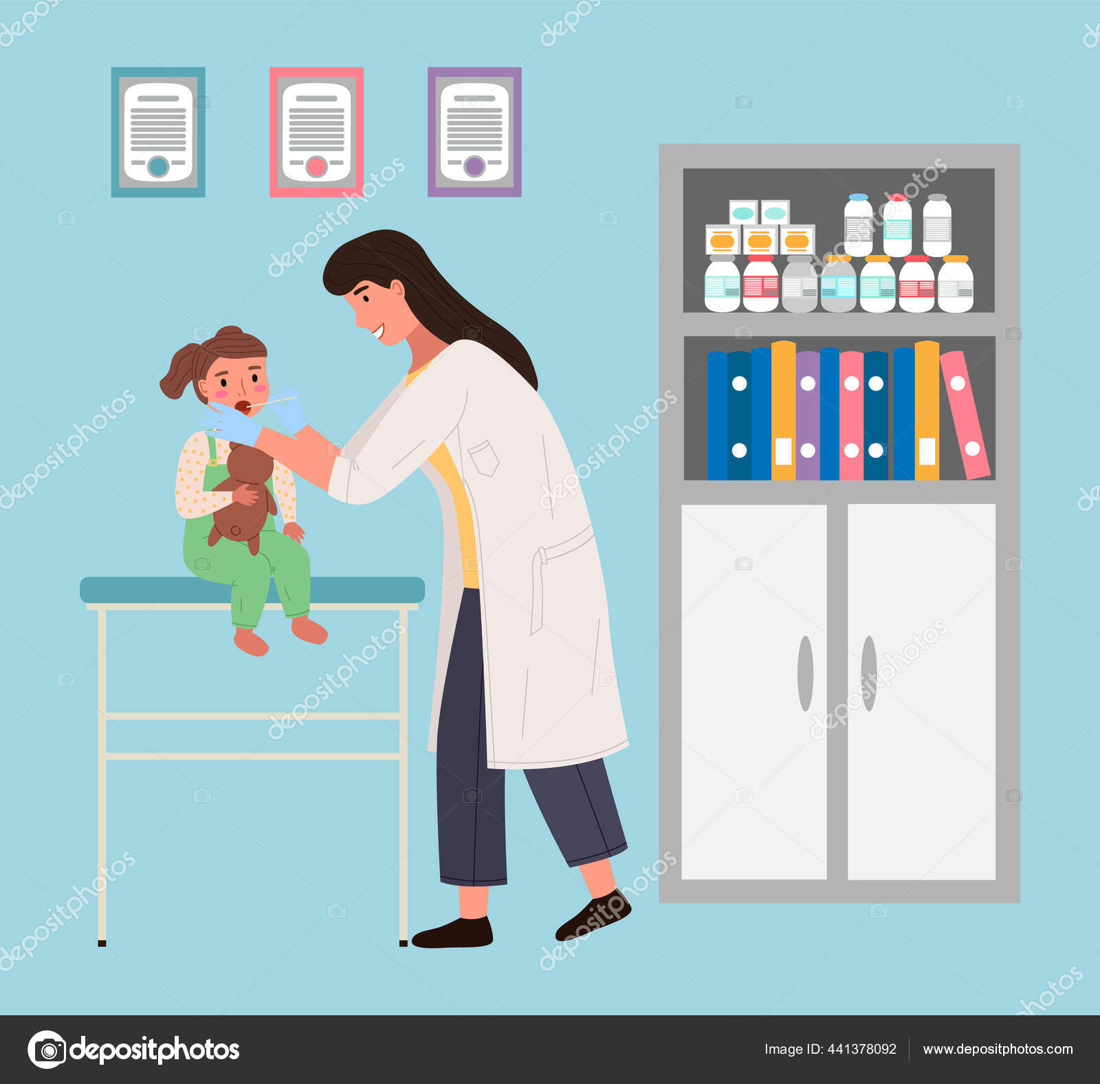 Dokter Memeriksa Anak Bayi Duduk Dengan Boneka Beruang Dokter Anak Memeriksa Rongga Mulut Pasien Stok Vektor C Robuart 441378092