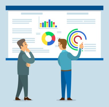 Ofis çalışanı karakterler göstergeleri tartışıyor. İş adamı meslektaşına bir sunum yapıyor.