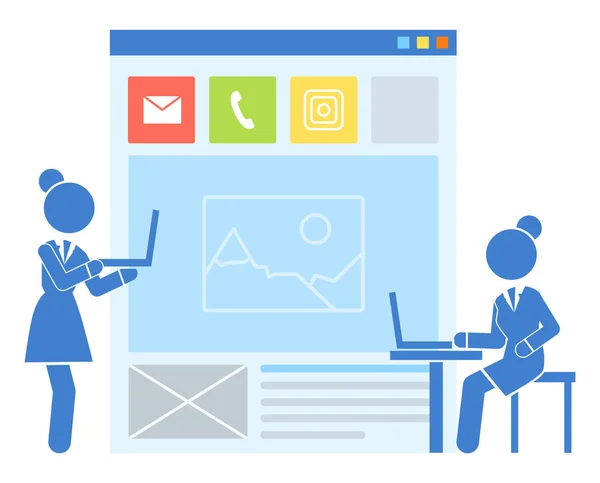 Page Web du réseau social, bouton d'email, icône de téléphone, bloc de texte, deux femmes d'affaires avec des ordinateurs portables — Image vectorielle